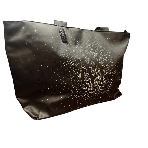 Victoria's Secret Tote Bag Black Bling Rhinestone VS logo Carryall Travel NWT - Picture 2 of 12